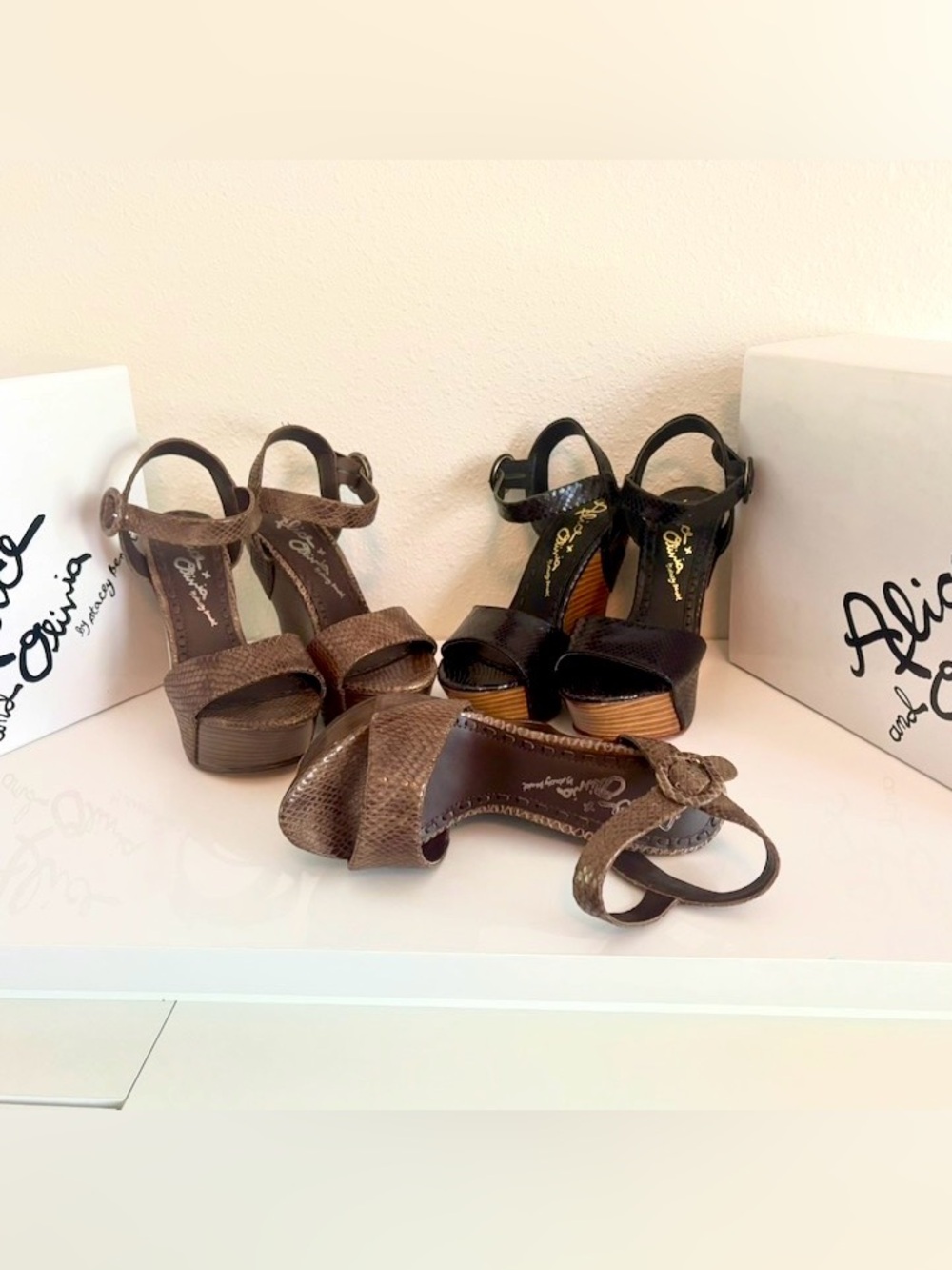 Alice + Olivia Platform Wedges Brown &Black Snake Embossed Heels 39.5+Extra Shoe